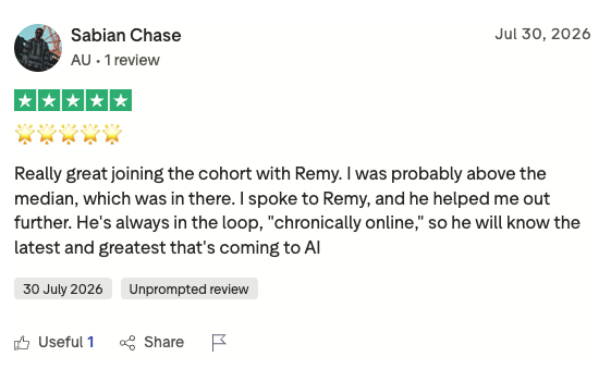 Sabian Chase five-star Trustpilot review praising practical cohort support