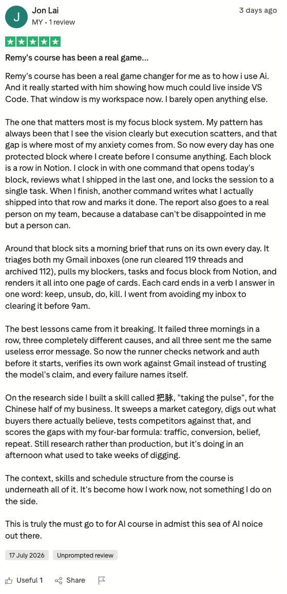 Jon Lai five-star Trustpilot review: Remy's course has been a real game changer