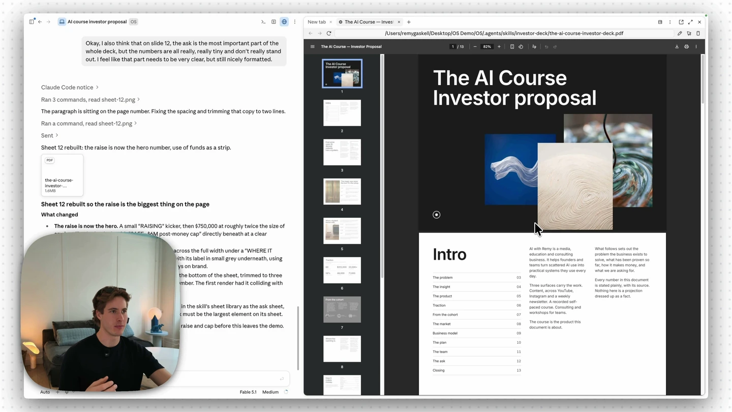 A lesson from The AI Course: Remy on camera beside the proposal deck being built